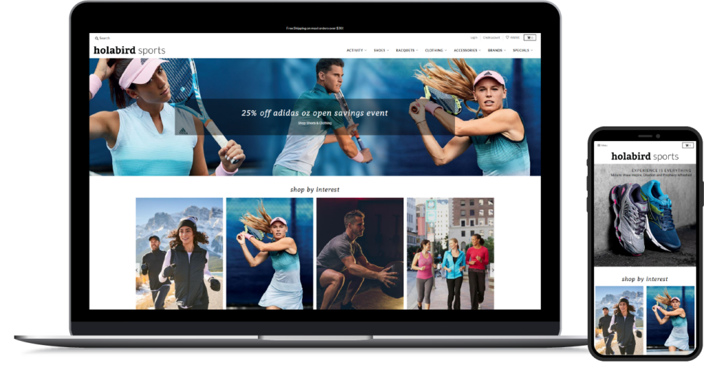laptop and mobile mockup of holabird sports website